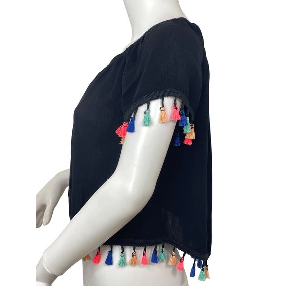 See You Monday Los Angeles Top Cropped Black Tassels Trim Multicolored Rayon - Picture 4 of 10